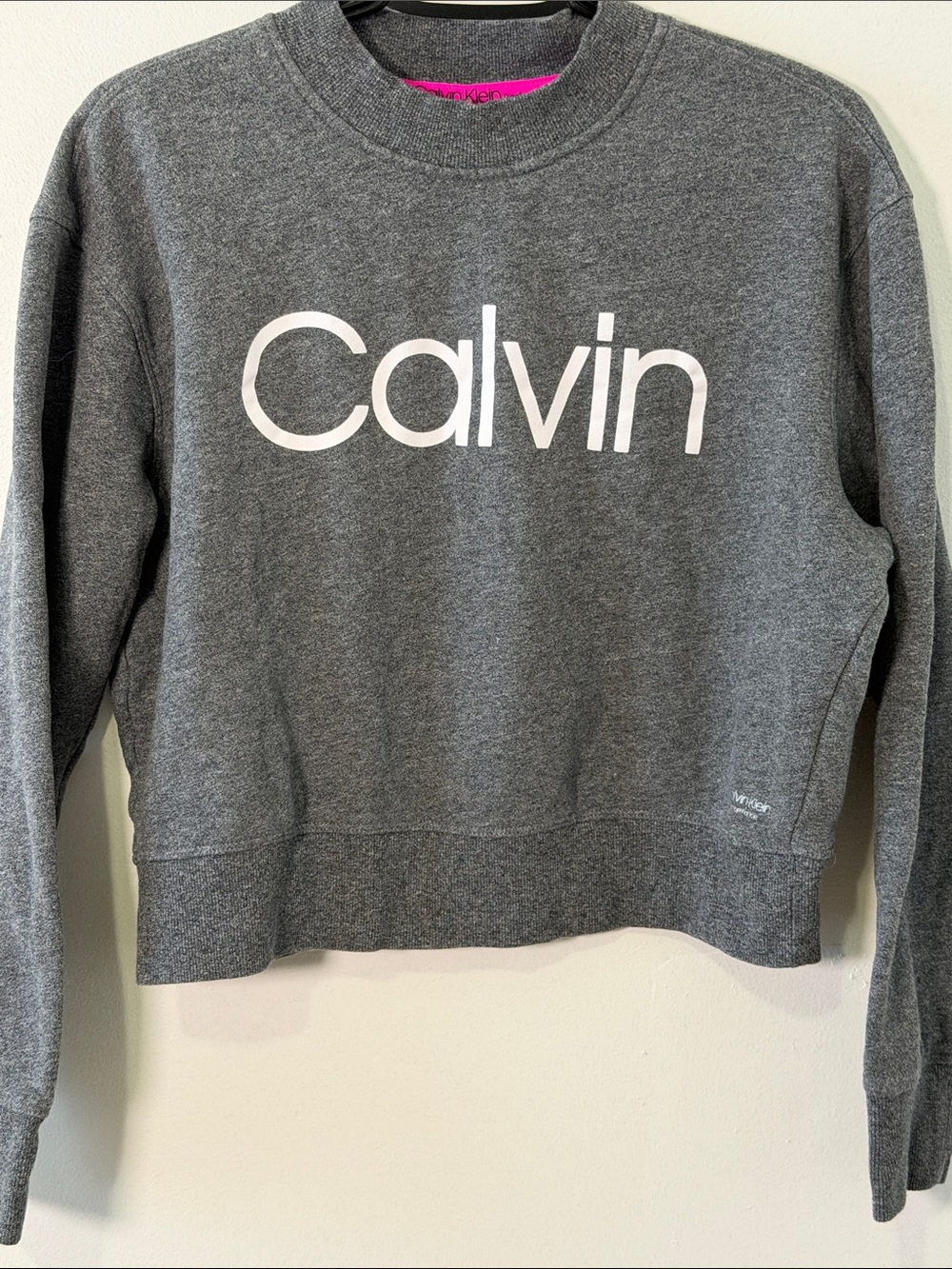 Calvin Klein Gray Crewneck with White 'Calvin' Logo. Size L.